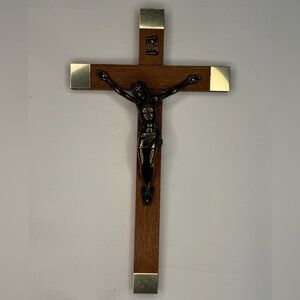 Wood and Brass Crucifix Cross Wall Hanging Made in Italy New in Box 6.5inch